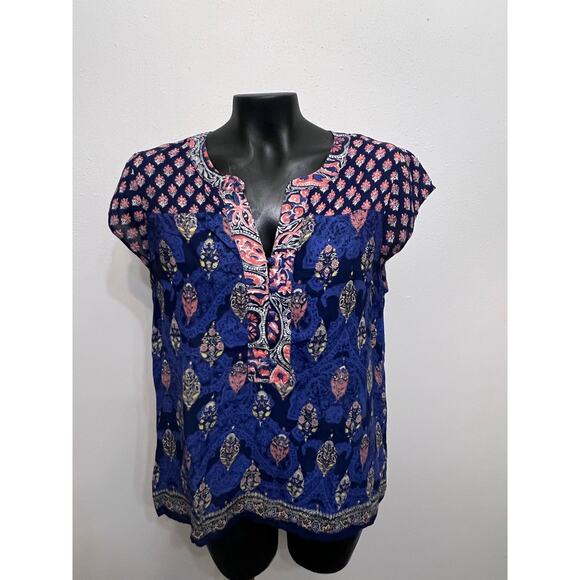 Lucky Brand cap sleeves rayon blue mixed print v-neck 1/2 button Boho gypsy sz M - Picture 1 of 4